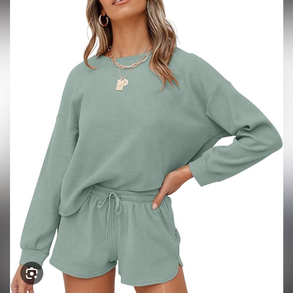 Zesica Pajama Set Sage Green Loungewear Long Sleeve Waffle Weave Shorts